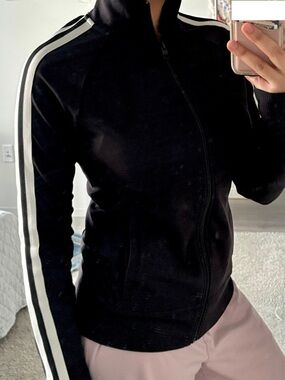 Athleta black full zip jacket with white stripes down arm fits XS-M